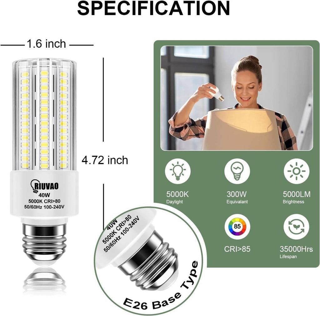 LED bulb with E26 base, 5000K daylight, 300W equivalent, 5000LM brightness; 1.6 in.