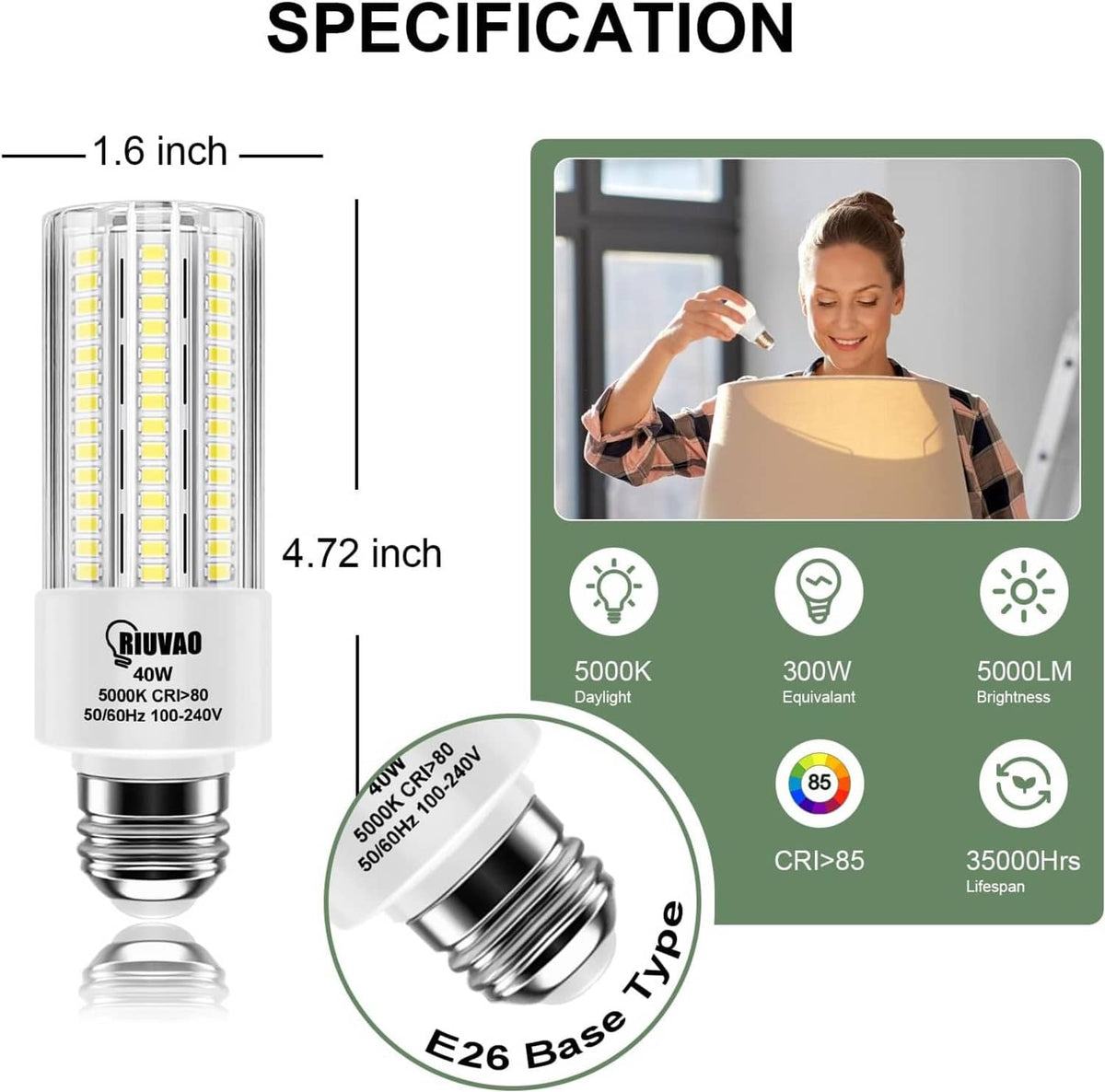 LED bulb with E26 base, 5000K daylight, 300W equivalent, 5000LM brightness; 1.6 in.