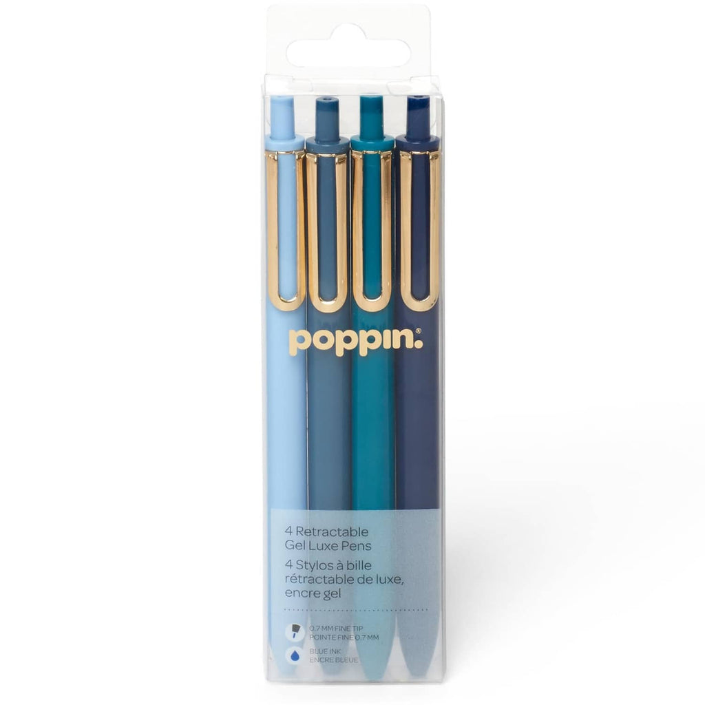 Poppin retractable gel pen set of 4, assorted blue fine point pens in clear pack