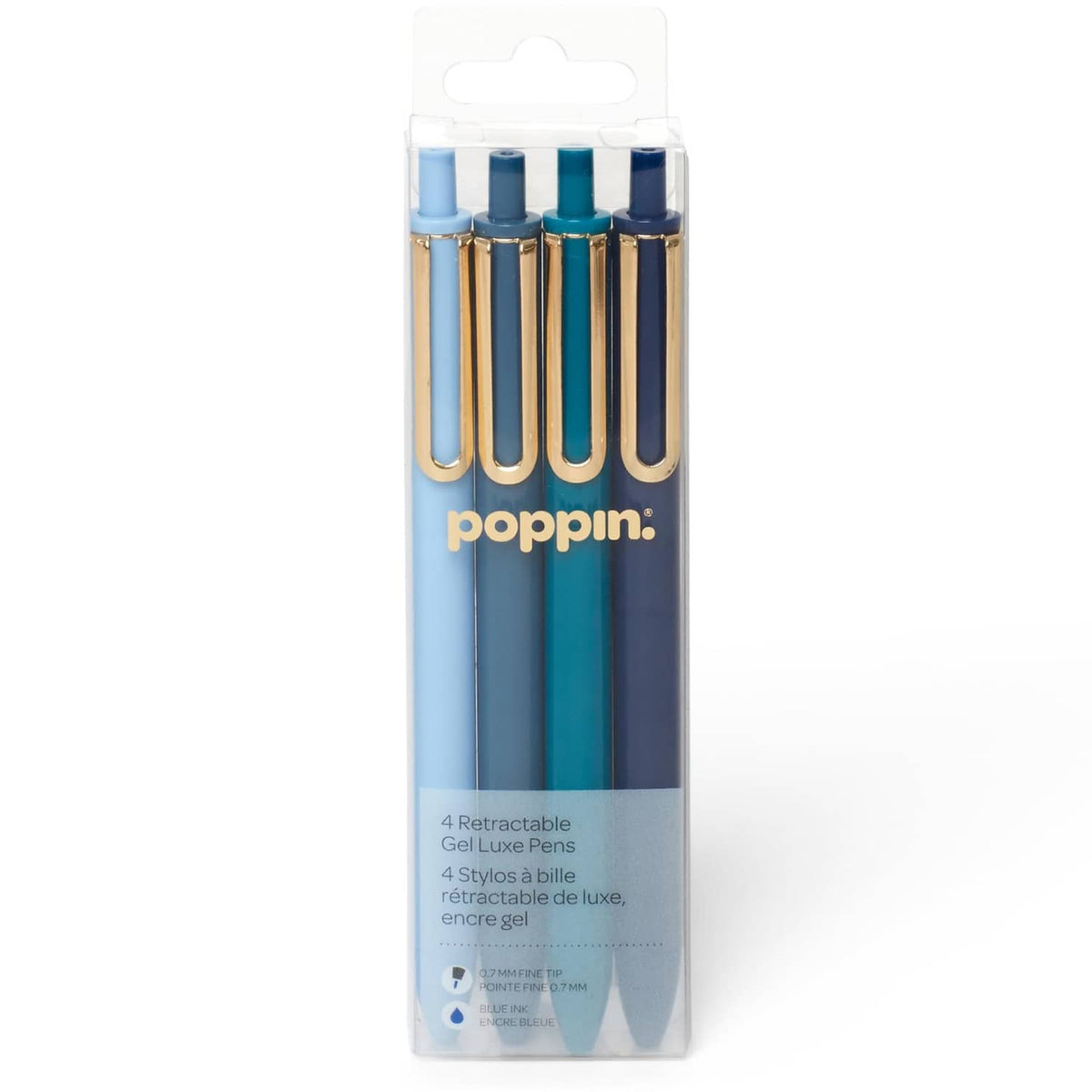 Poppin retractable gel pen set of 4, assorted blue fine point pens in clear pack