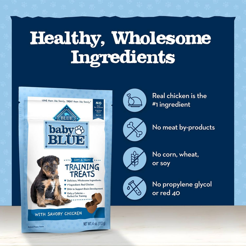 baby BLUE training treats pouch with healthy ingredient icons and claims