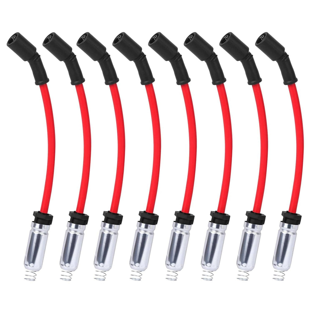 Spark plug wire set with 8 red cables, black boots, and chrome plug connectors.