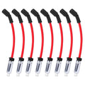 Spark plug wire set with 8 red cables, black boots, and chrome plug connectors.