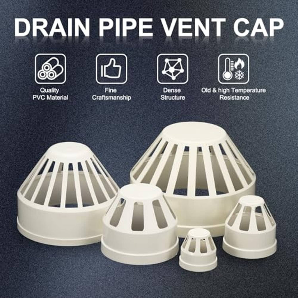 PVC drain pipe vent caps, white, slotted grille tops, assorted cap sizes shown