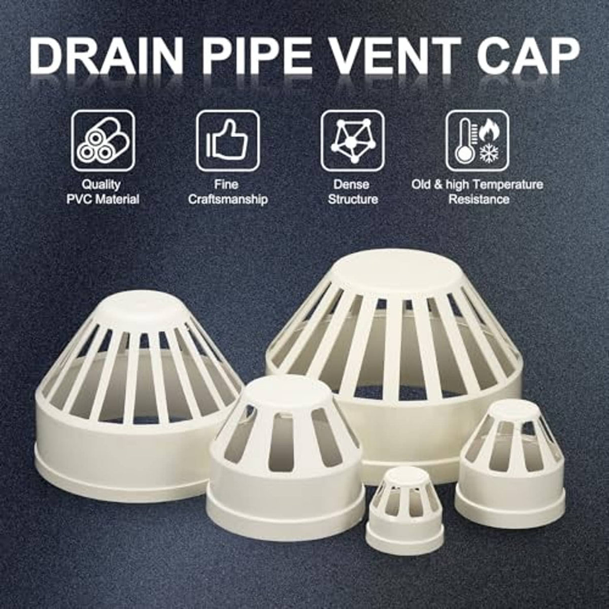 PVC drain pipe vent caps, white, slotted grille tops, assorted cap sizes shown