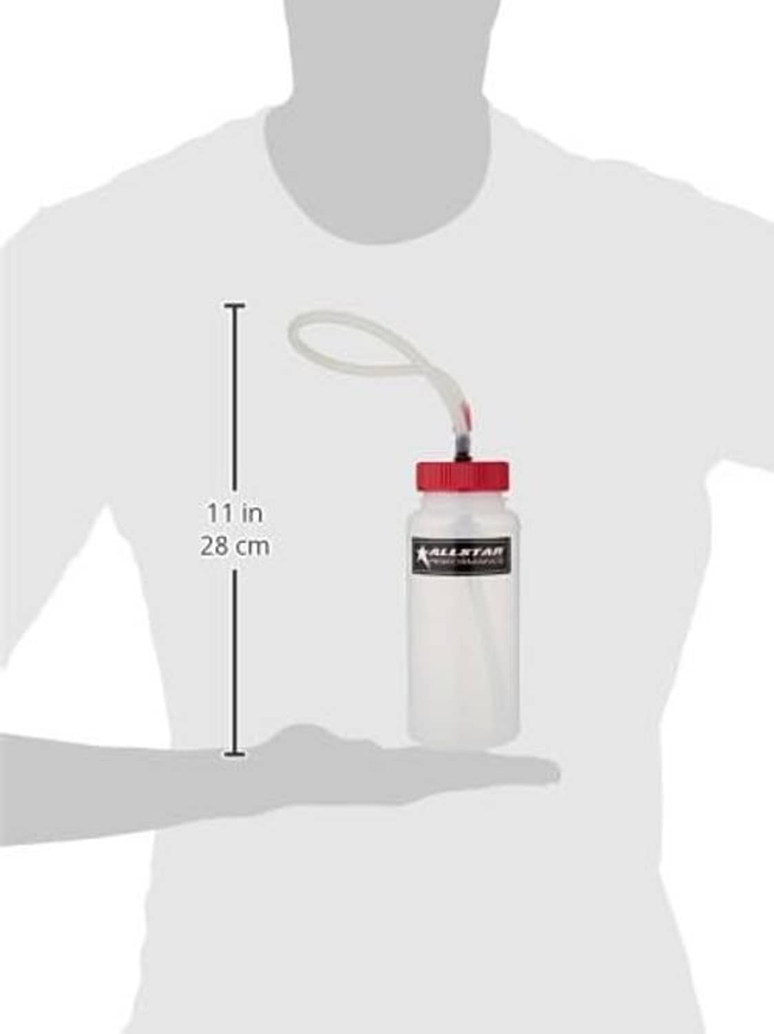 Bleeder bottle with red cap, sized about 11 in (28 cm) tall on torso