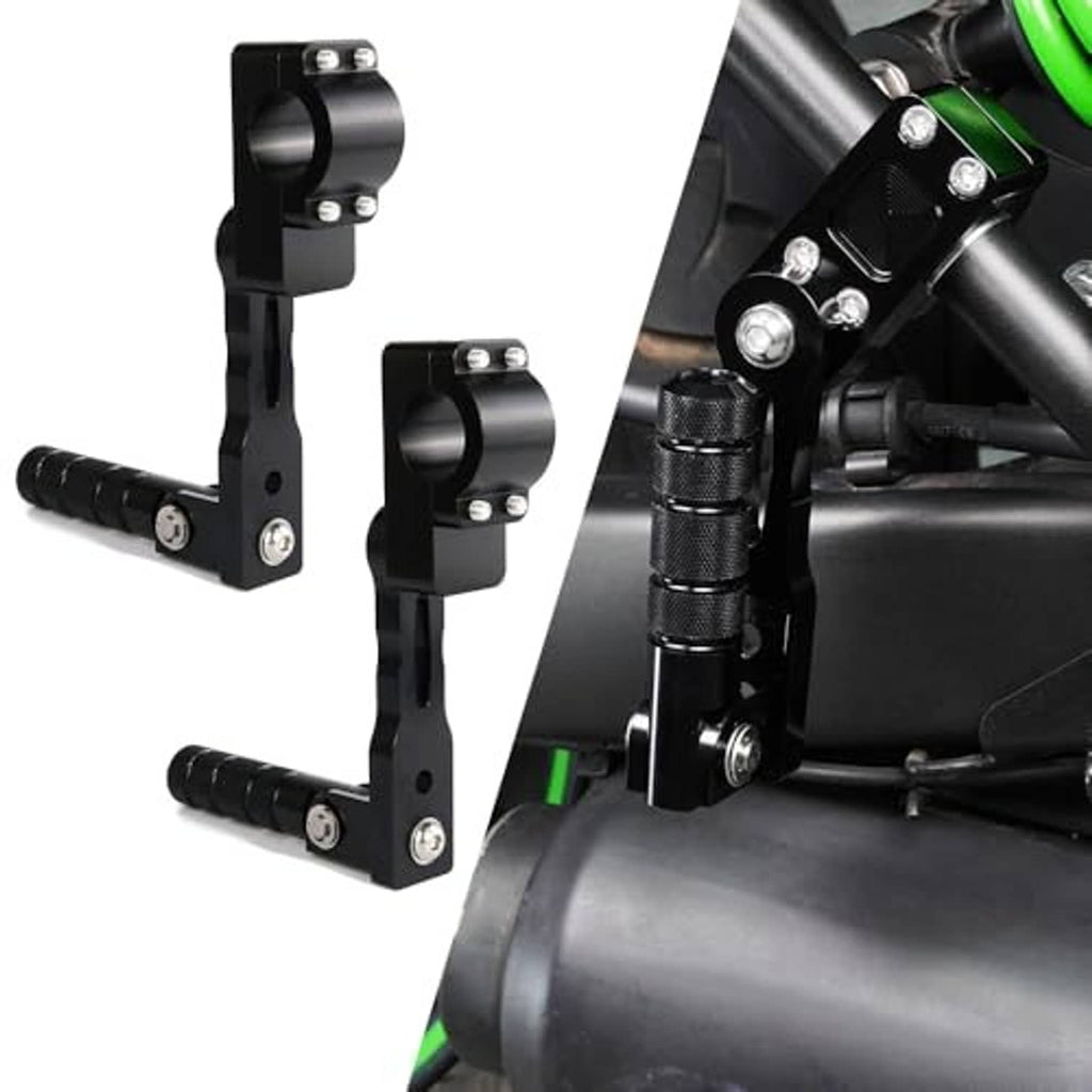 Black motorcycle foot peg mount with textured foot peg and adjustable bracket