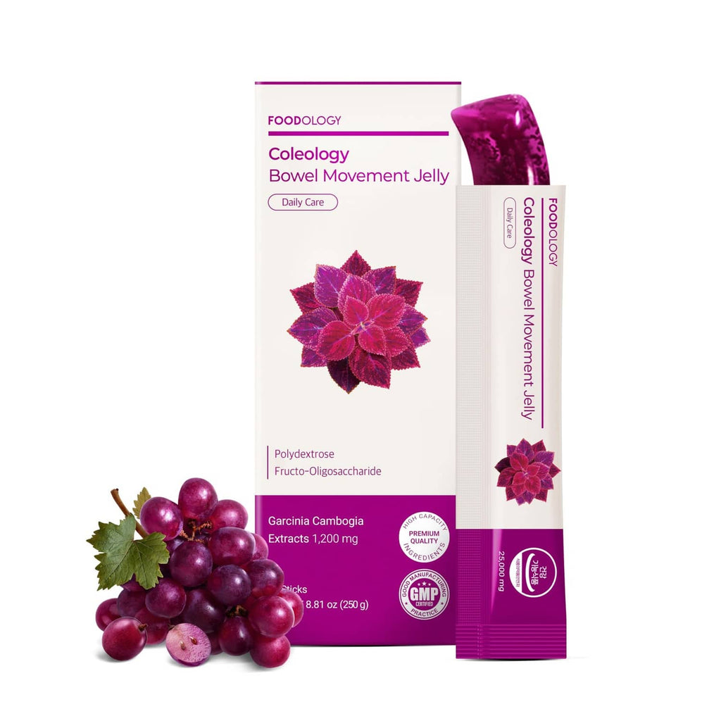 Grape-flavored bowel movement jelly sticks box with purple pouch, 10-count