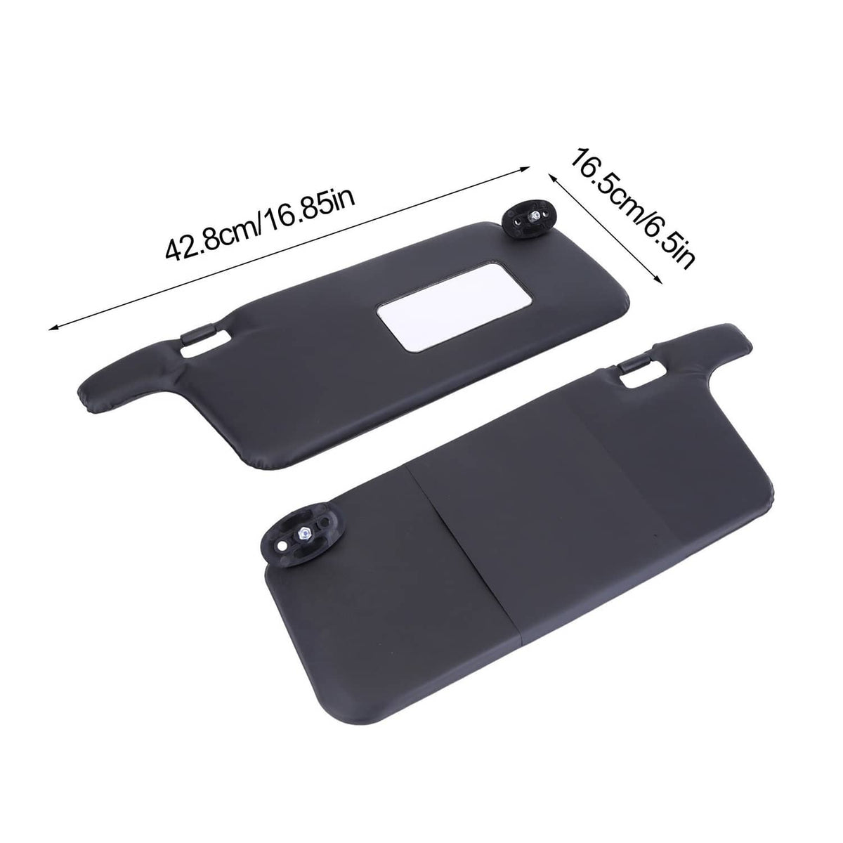 Black car sun visor pair with rectangular cutouts and hinged mounting points