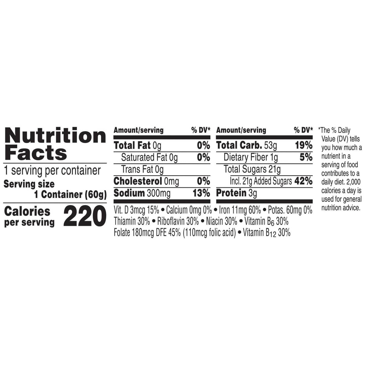 Nutrition Facts panel for cereal cups: 220 calories, sodium 300mg, total carbs 53g, protein 3g