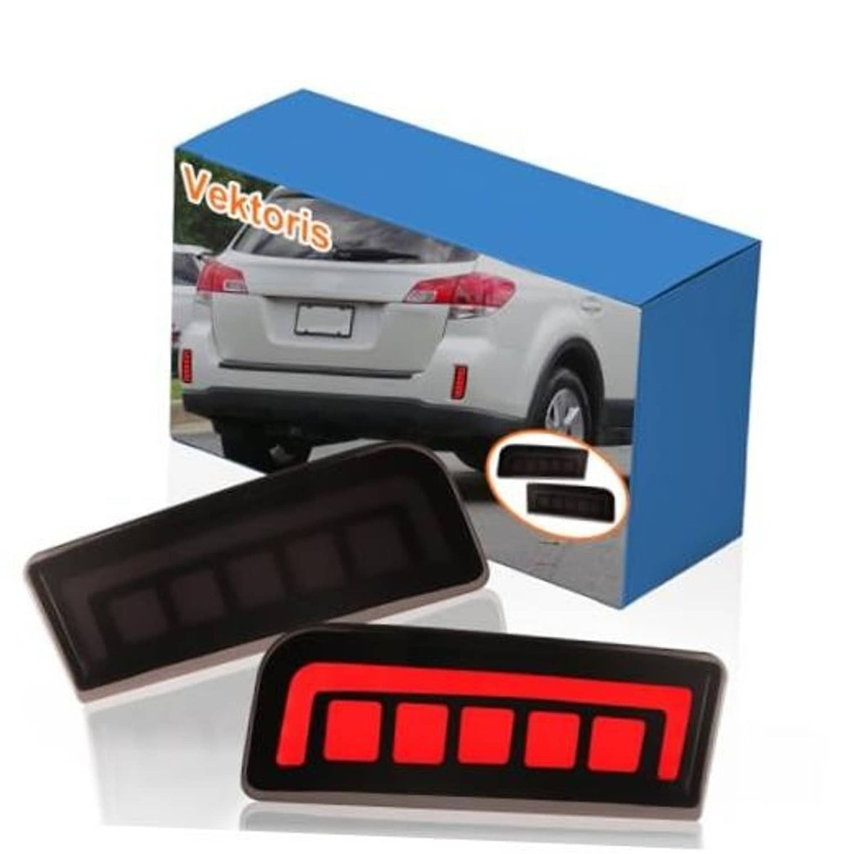 Smoked-lens LED rear bumper reflector light pair with red LED bar, black housing