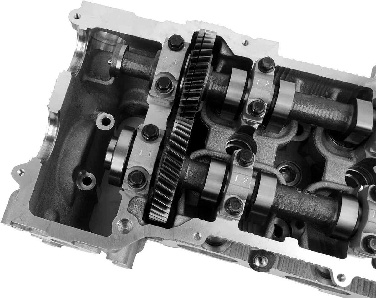 Cylinder head internals with cam gears, camshafts, and metal bearing supports