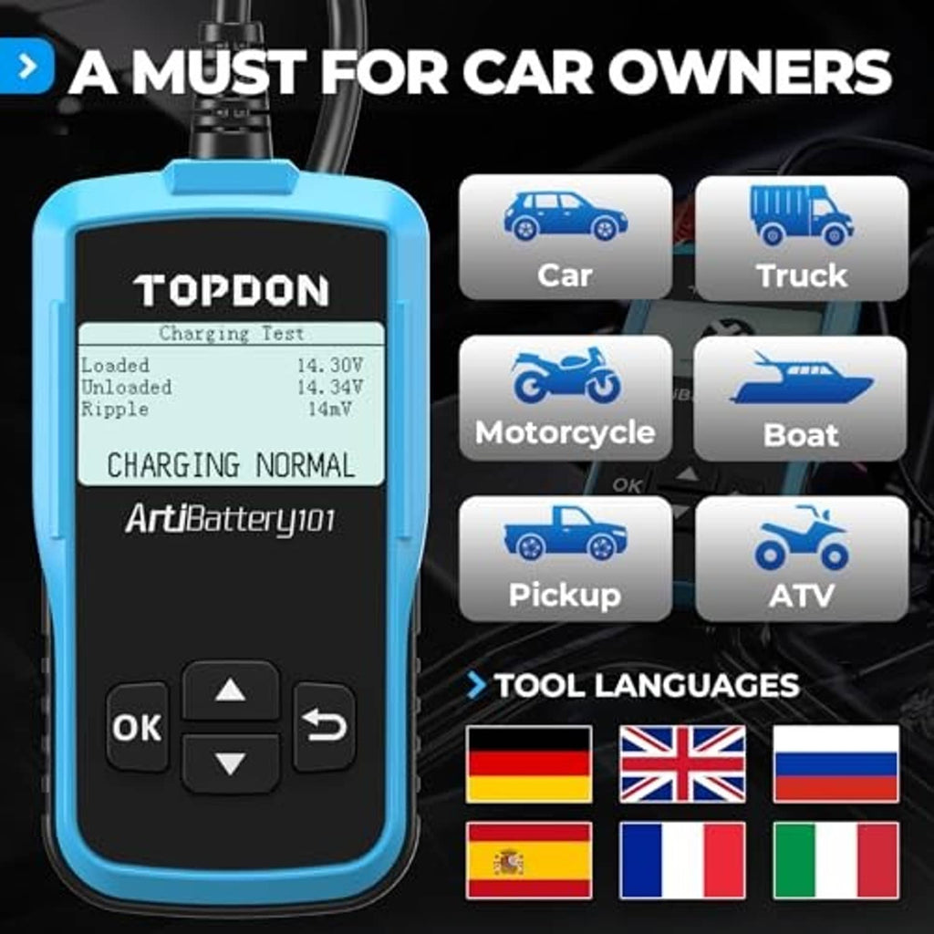 AB101 12V battery tester with vehicle-type icons and language flags graphic