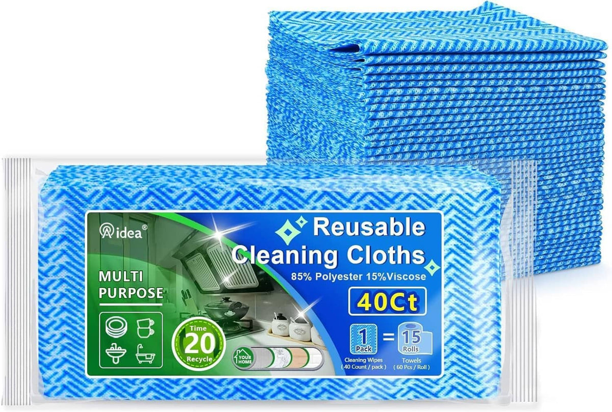 Blue reusable cleaning cloths stacked behind a package label window.