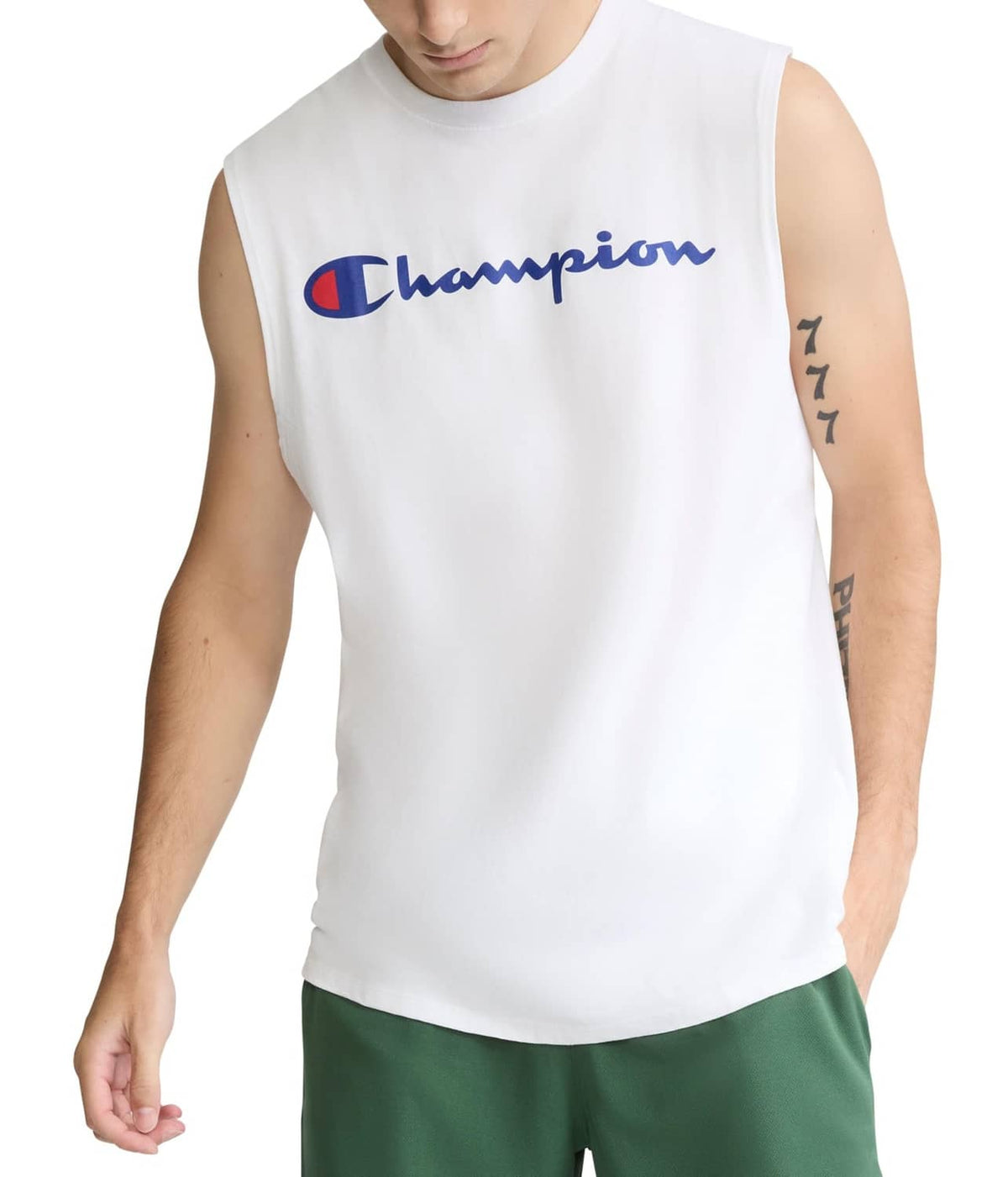White Champion muscle tee with blue scripted logo across chest