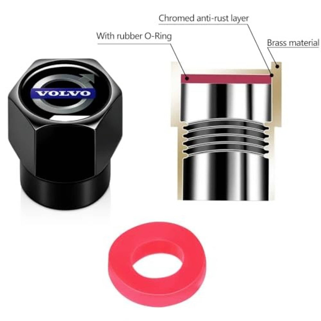 Black valve stem cap with Volvo logo, chrome finish, rubber O-ring and brass core