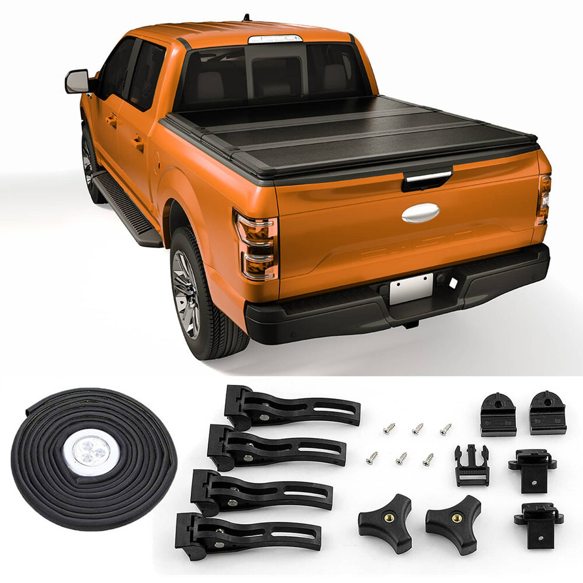 Hard tri-fold tonneau cover kit on orange pickup bed, closed cover and mounting parts