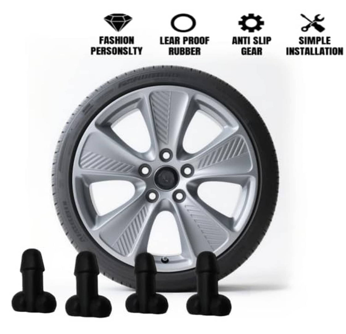 Four black valve stem caps placed around a silver wheel rim