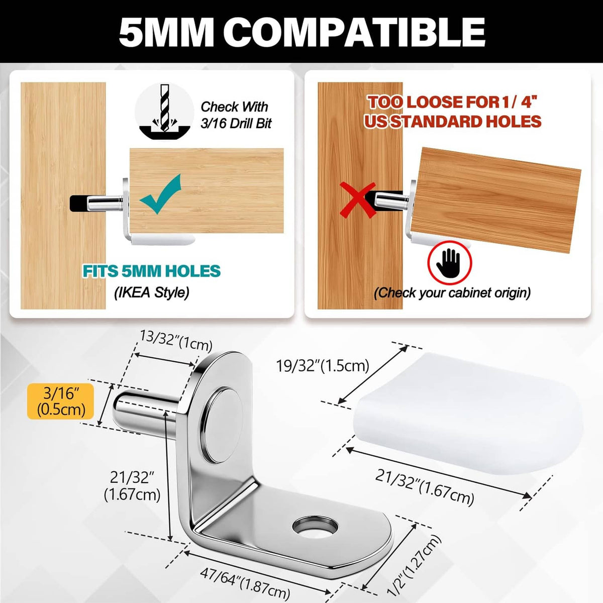 White and silver shelf peg with protective cap, 5mm pin, shown with size measurements
