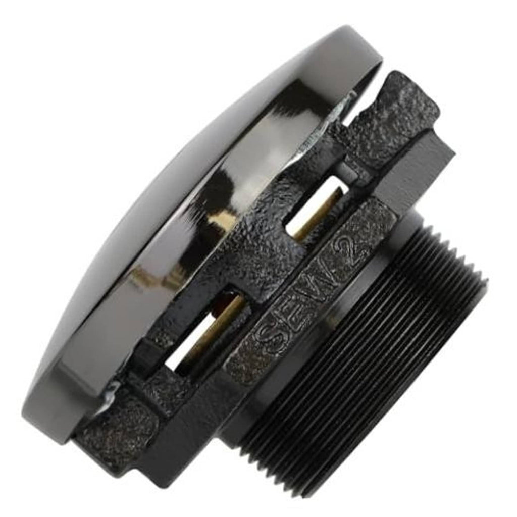 Vented fuel transfer cap with 2-inch threaded neck, black steel