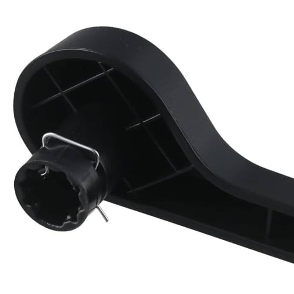 Close-up of black recliner handle lever pivot housing with metal release pin