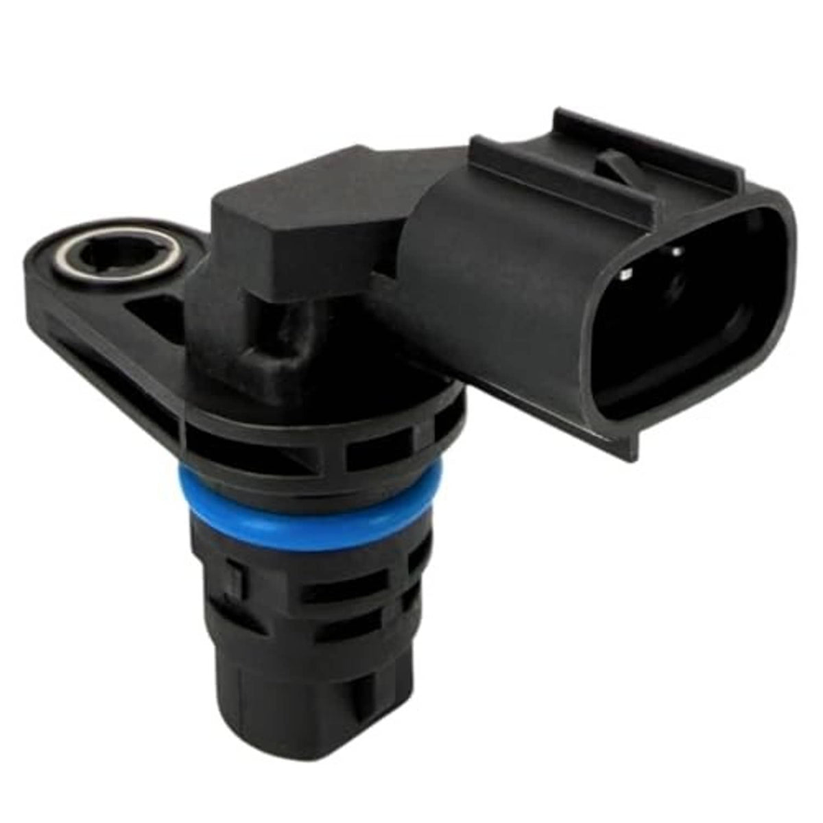 Camshaft position sensor with black connector plug and blue insulator ring, side view