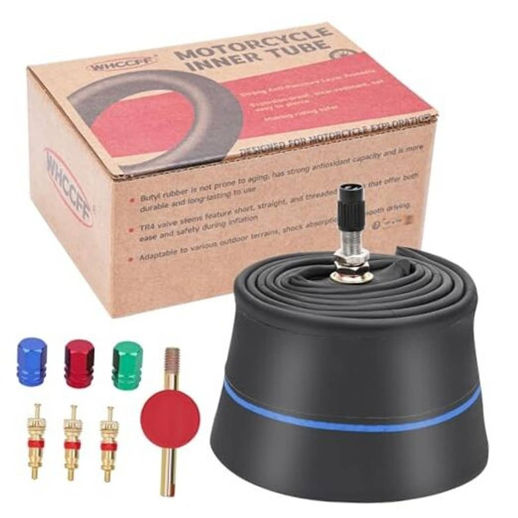 Heavy-duty motorcycle inner tube coil with TR4 valve stem and repair accessory pieces