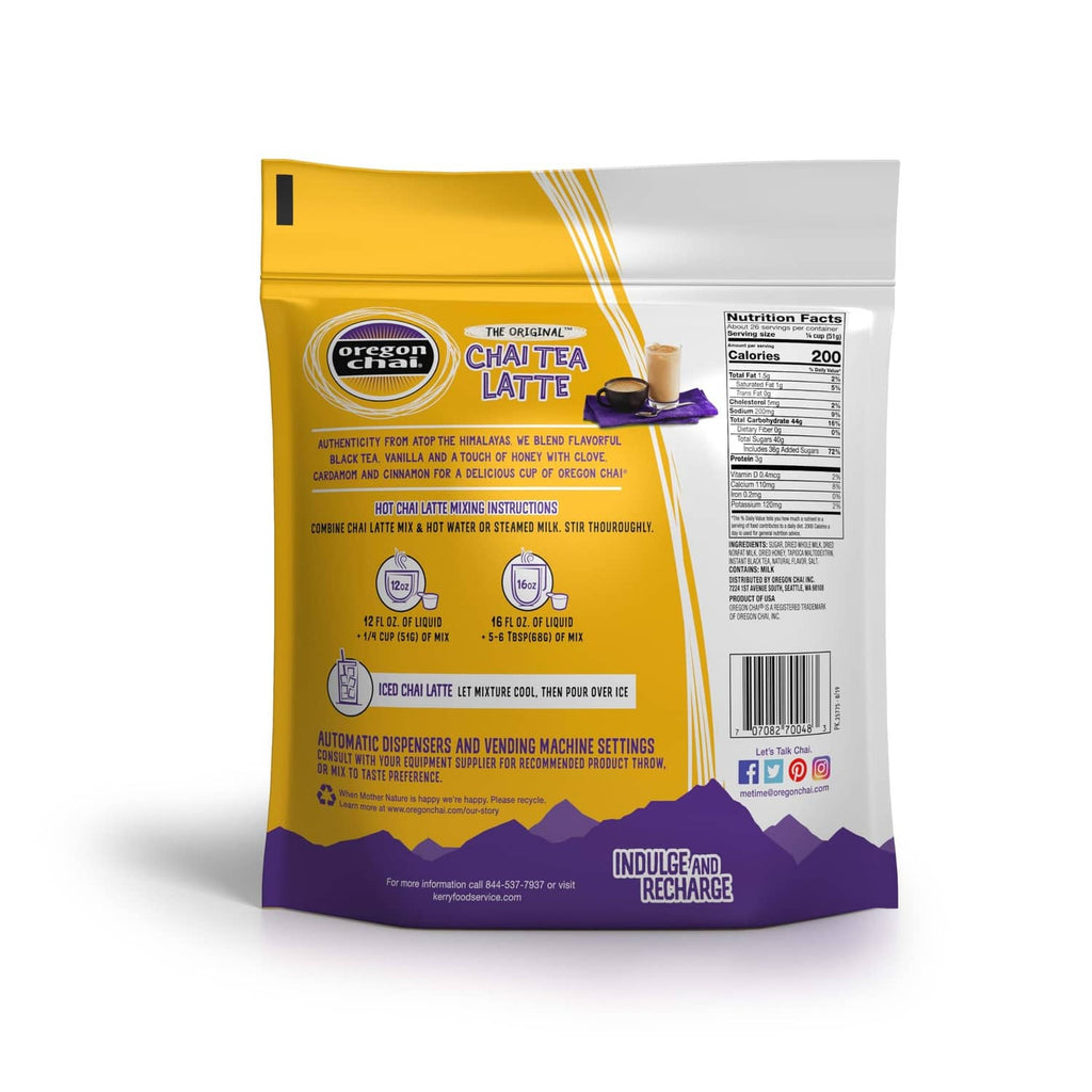 Oregon Chai Chai Tea Latte mix pouch back with nutrition facts and directions