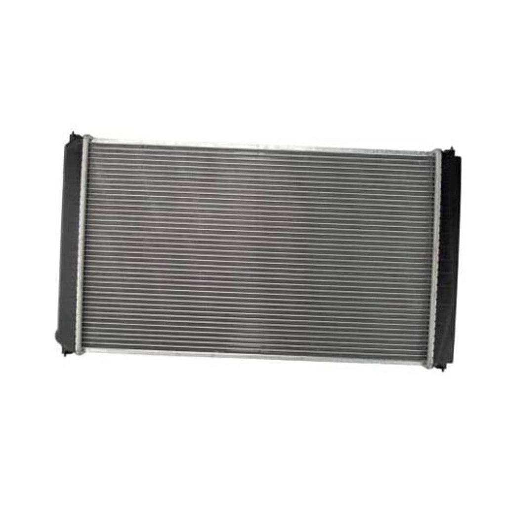 Automotive radiator with silver cooling core and black end tanks, rectangular design.