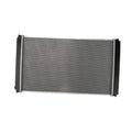 Automotive radiator with silver cooling core and black end tanks, rectangular design.