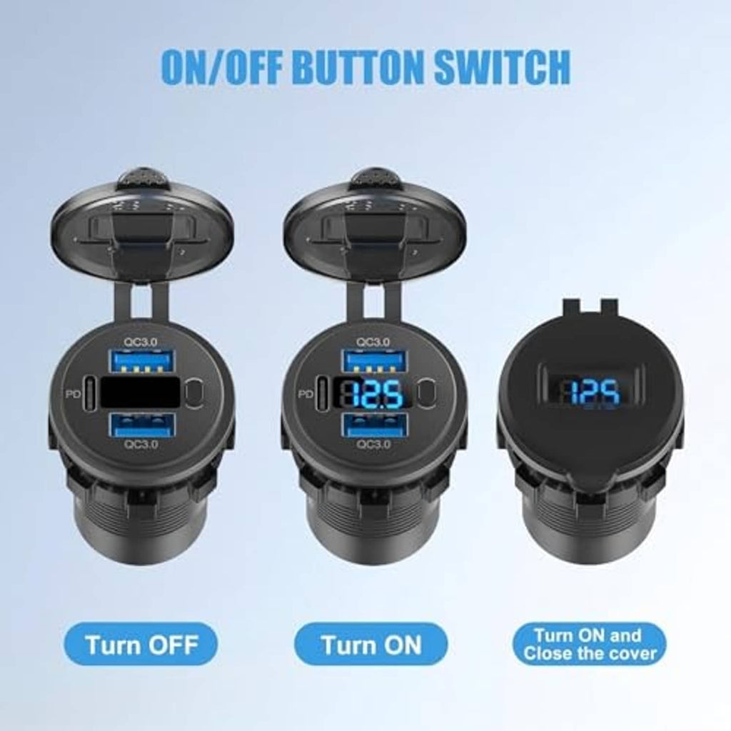 Black 12V USB car charger with ON/OFF button switch and blue digital display