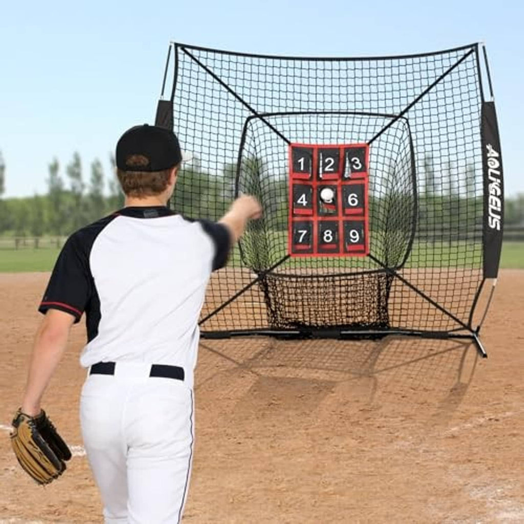 Baseball player using adjustable strike zone target net with numbered 1–9 board