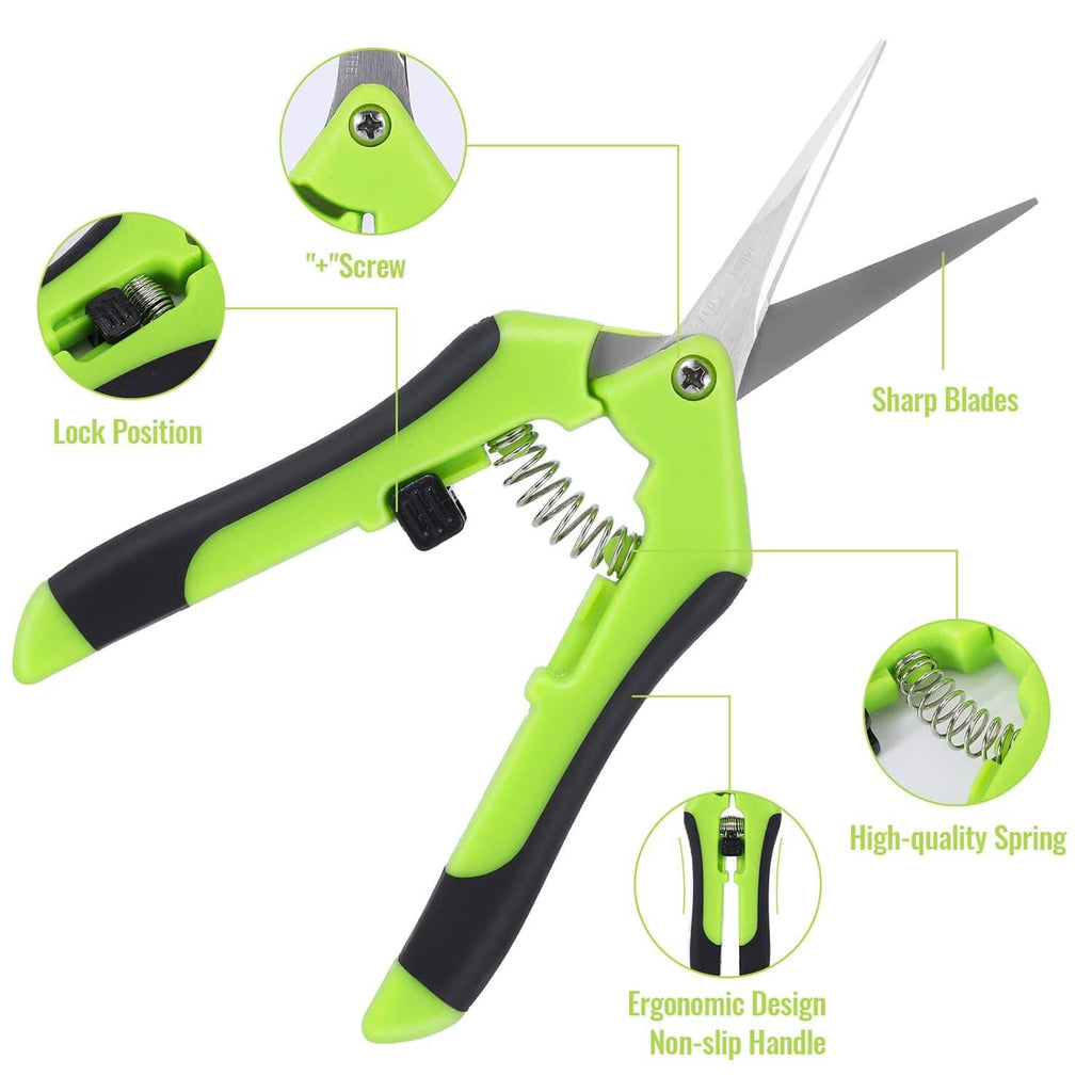 Green pruning shears with lock position, spring mechanism, and no-slip handle