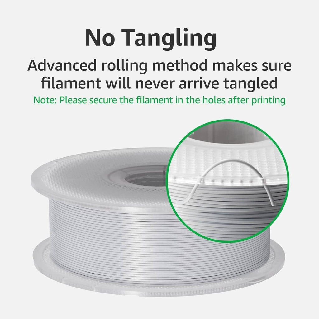 Gray PLA filament spool with neatly wound layers and a loose thread end