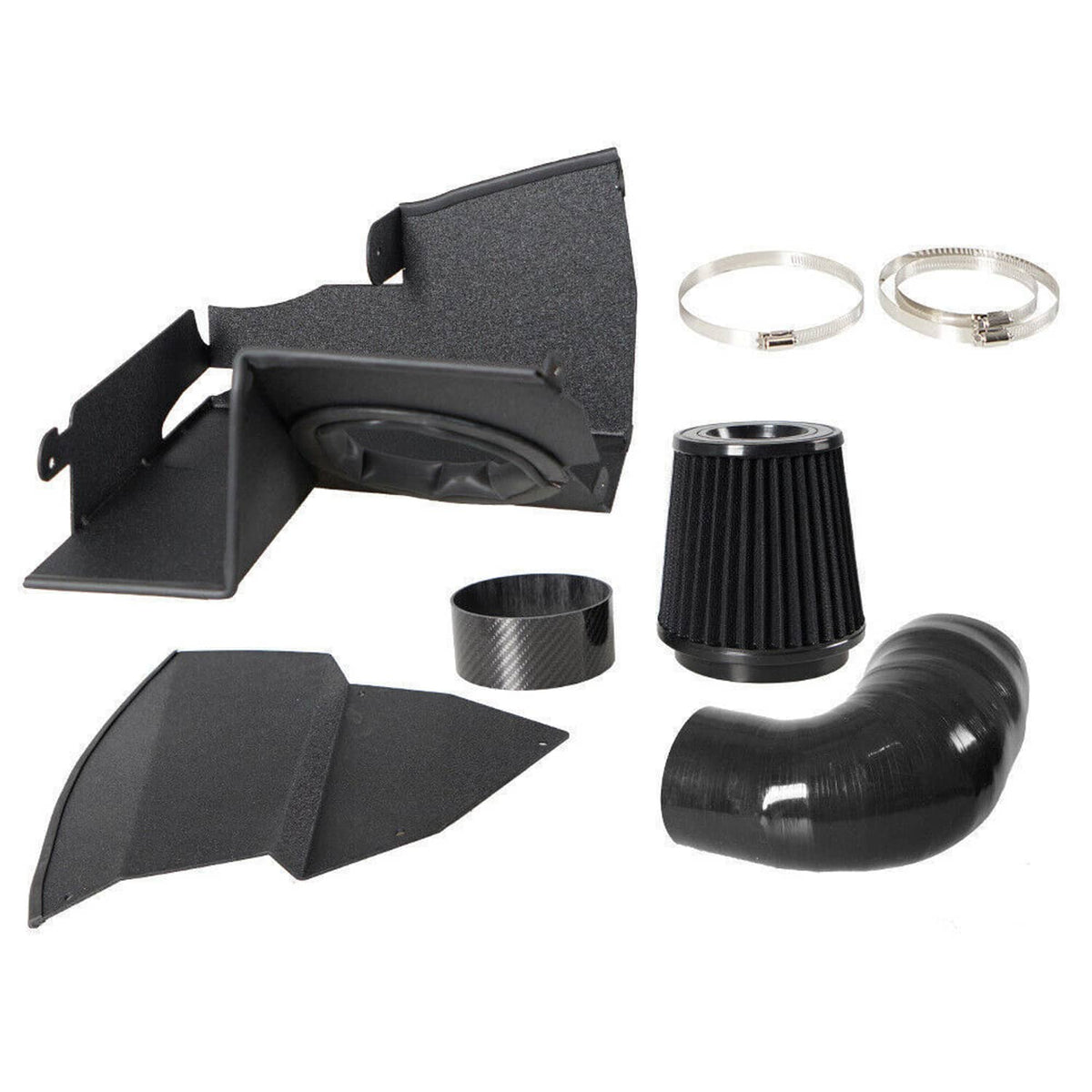 Cold air intake kit components: intake duct, cone filter, brackets, clamps, rings