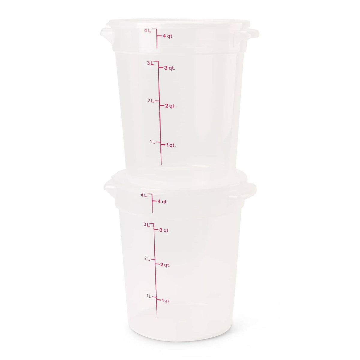 Stacked 4-qt plastic food storage buckets with lids and red quart measurement markings.