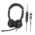 Black wired USB headset with over-ear pads, boom mic, and inline control