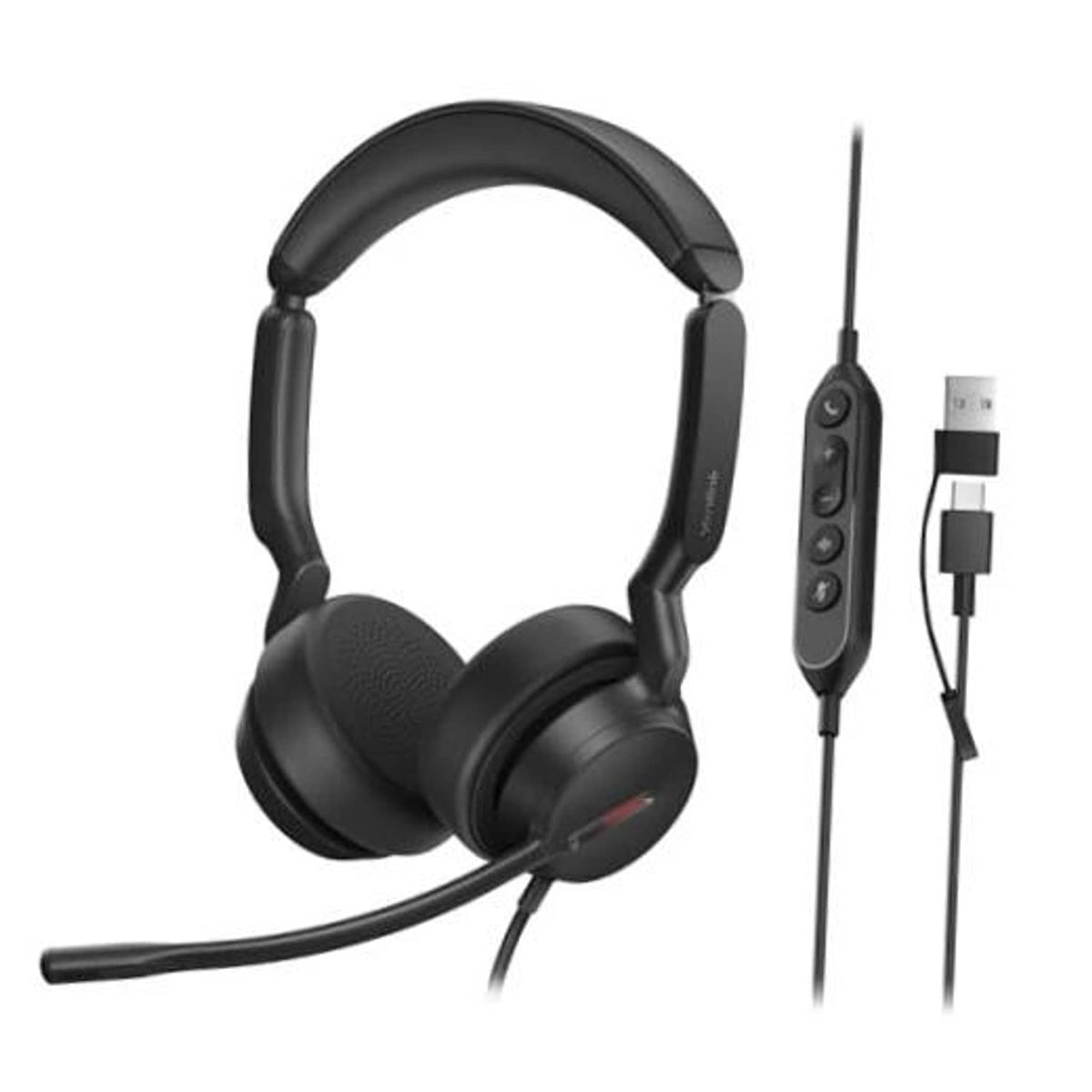 Black wired USB headset with over-ear pads, boom mic, and inline control
