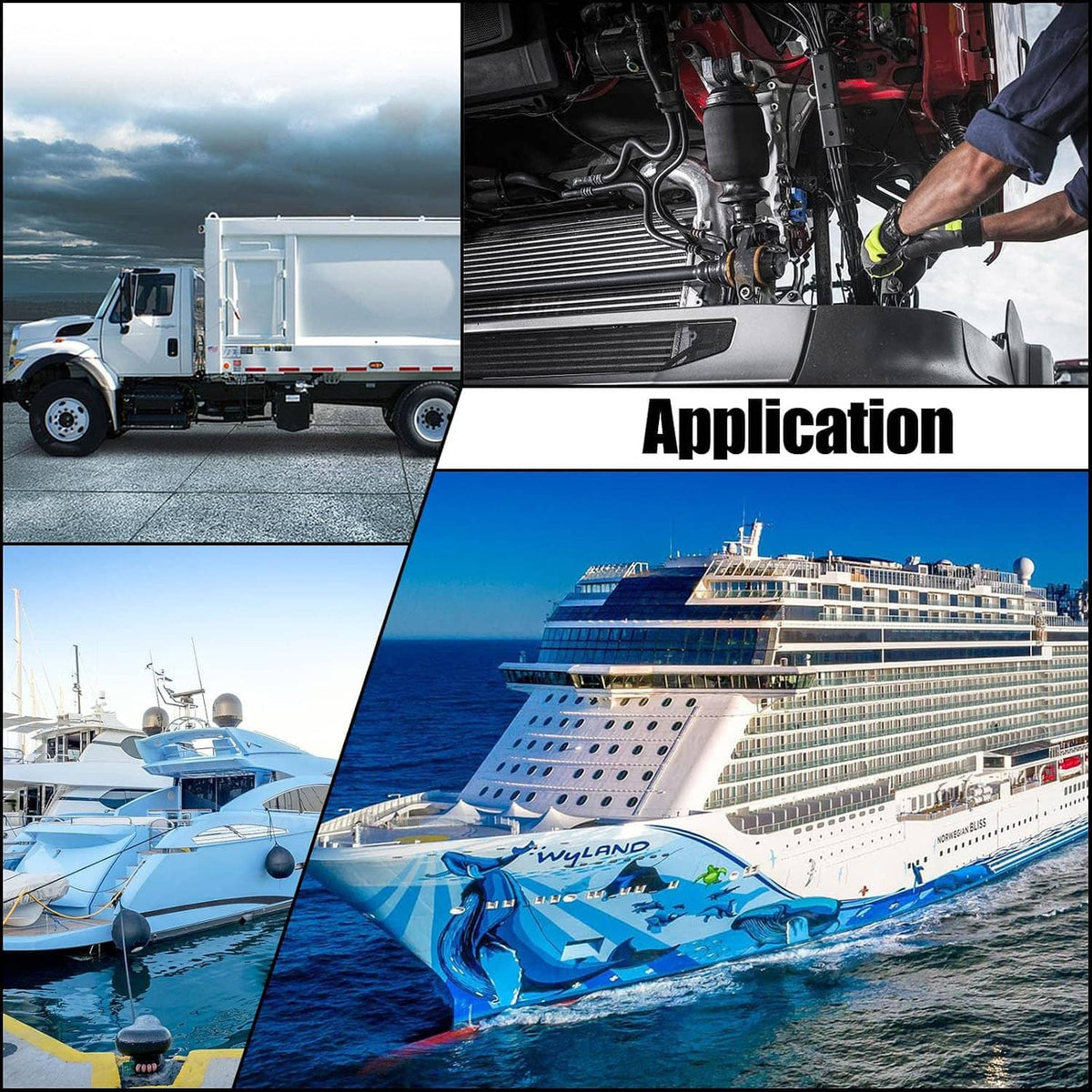 Battery junction post application collage with truck, engine bay work, and cruise ship