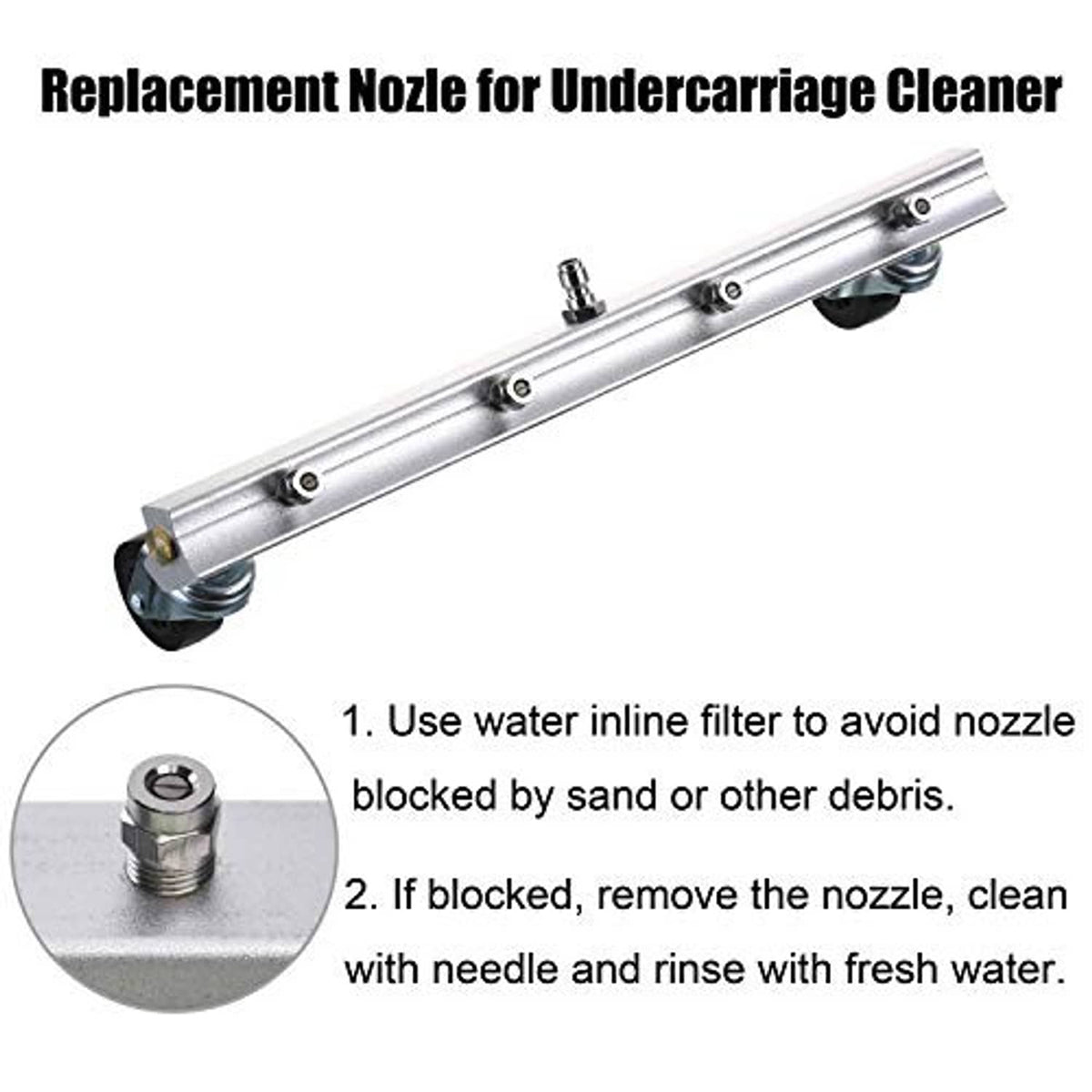 Undercarriage cleaner replacement nozzle bar with threaded nozzles and caster wheels