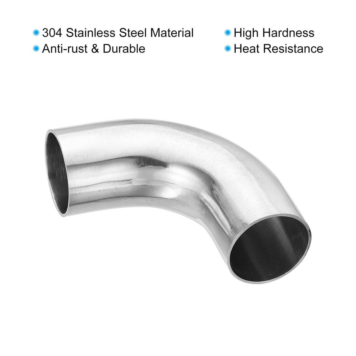 90-degree stainless steel exhaust elbow pipe, brushed metal with two open ends