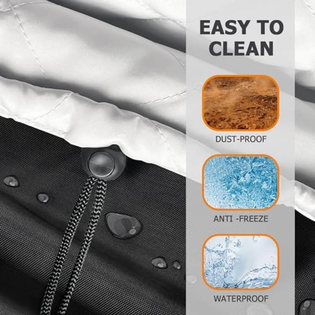 Quilted gray fabric indoor air conditioner cover with reinforced grommets and seam details.
