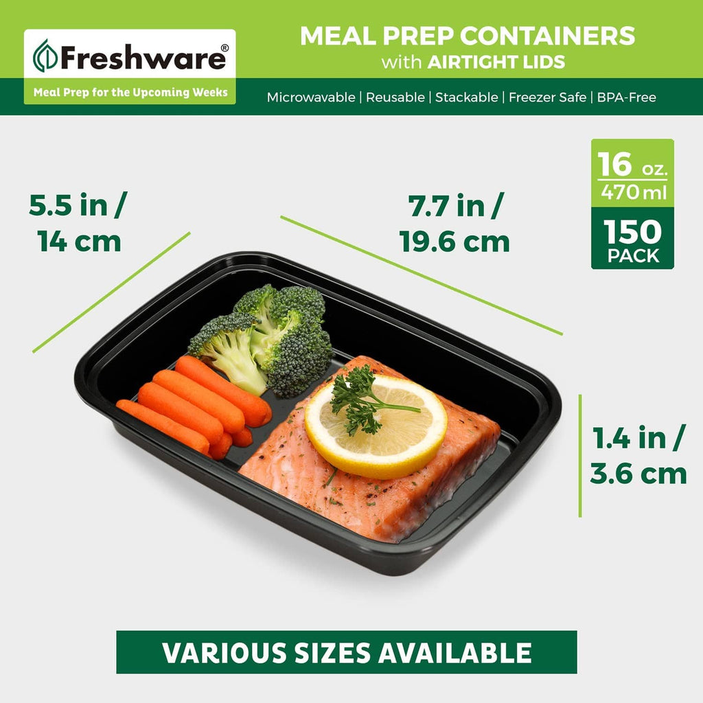 Black 1-compartment 16 oz meal prep container with airtight lid, holds salmon and vegetables