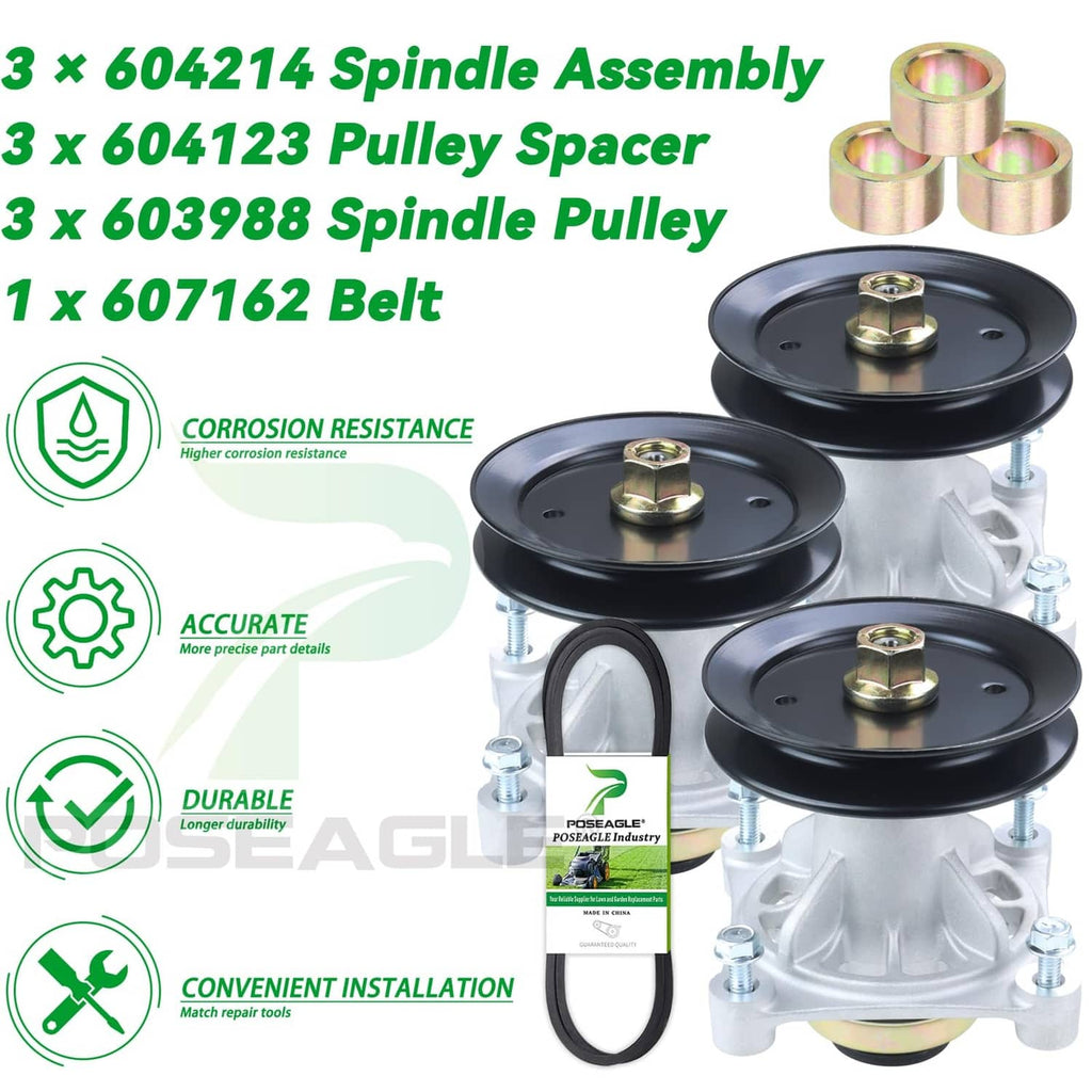 Lawn mower spindle assembly kit with three black pulleys, spacers, and drive belt