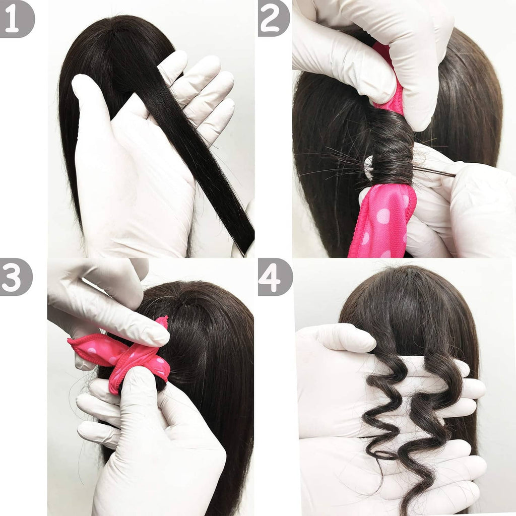 Heatless curl setup: pink polka-dot rollers placed on dark hair by gloved hands