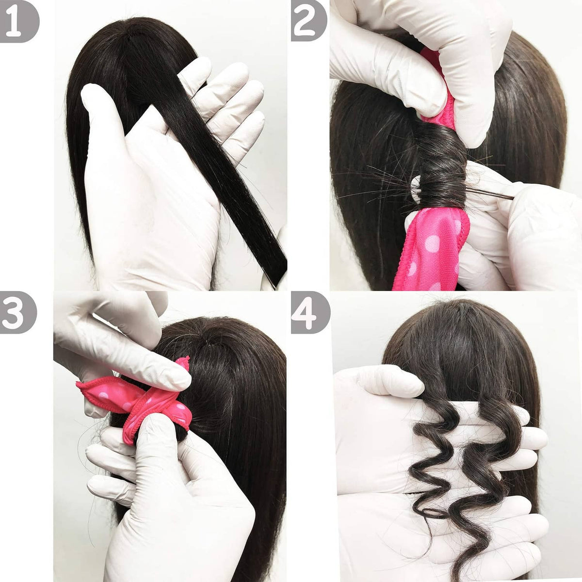 Heatless curl setup: pink polka-dot rollers placed on dark hair by gloved hands