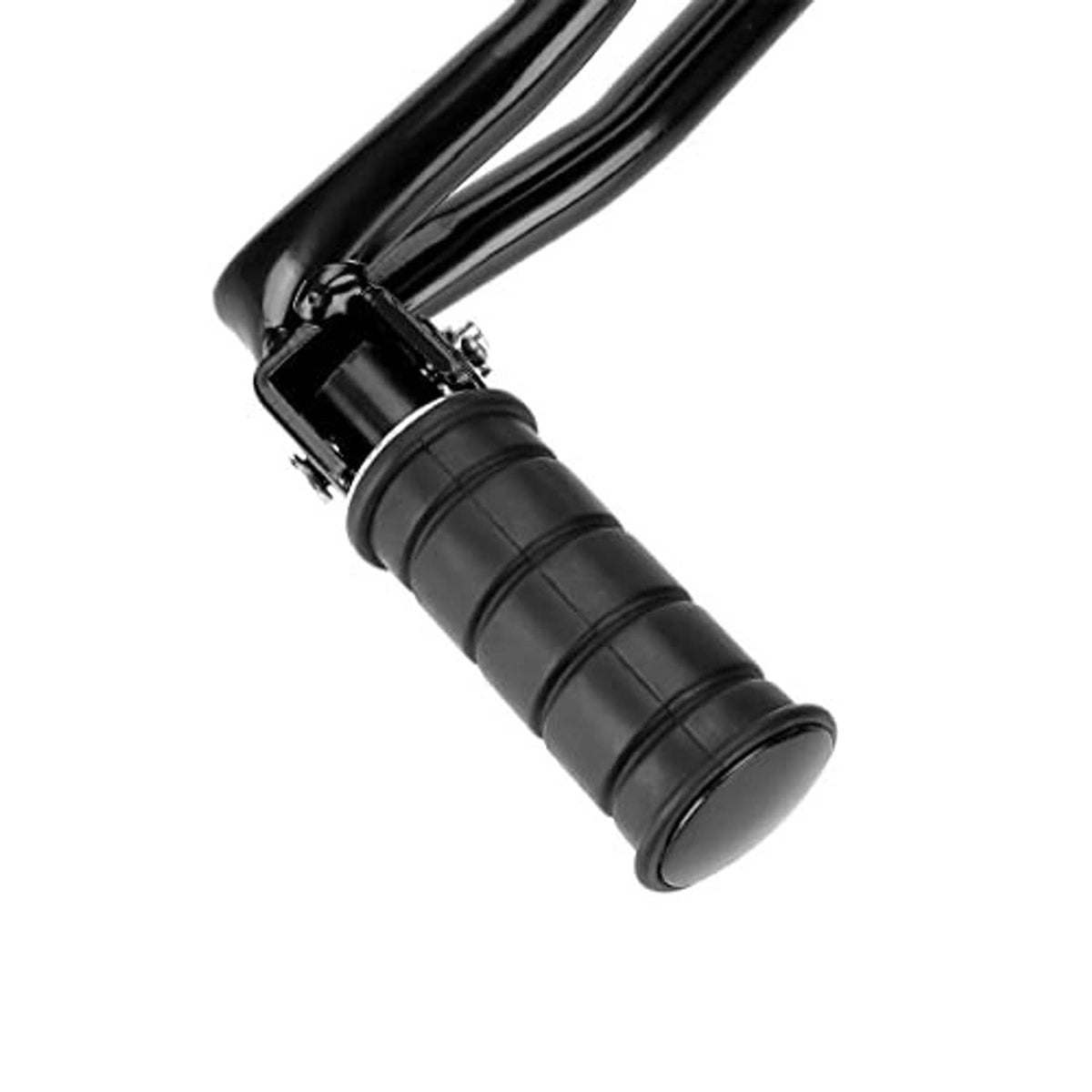 Black rear passenger foot peg with thick rubber grip and curved metal arm