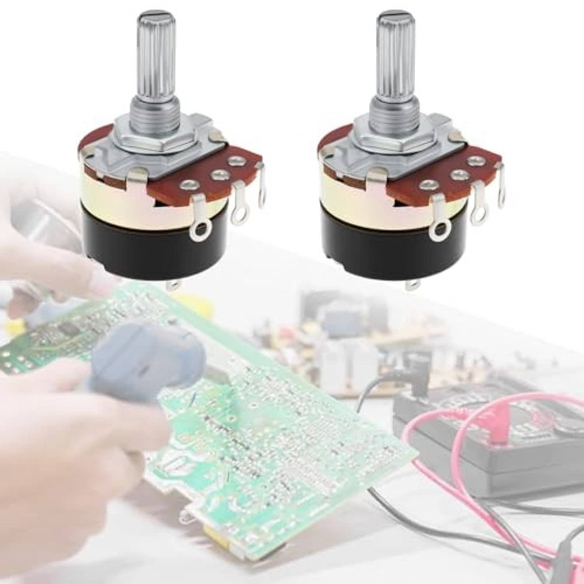 Two rotary potentiometers showing mounting tabs, metal shaft, and black casing