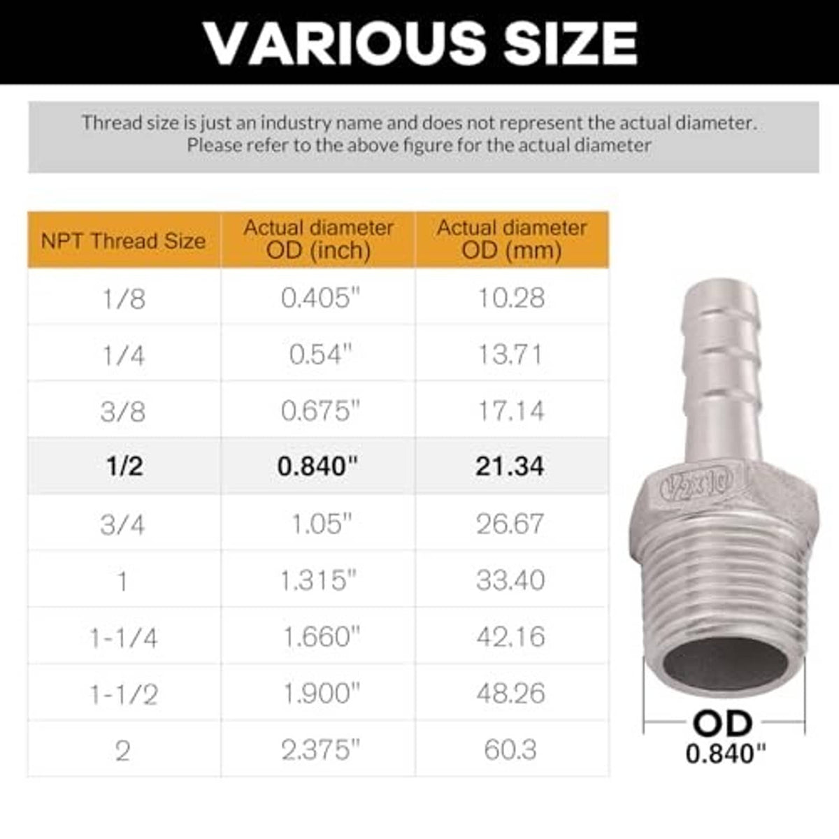 Stainless steel NPT hose barb fitting with threaded section and barbed tube end