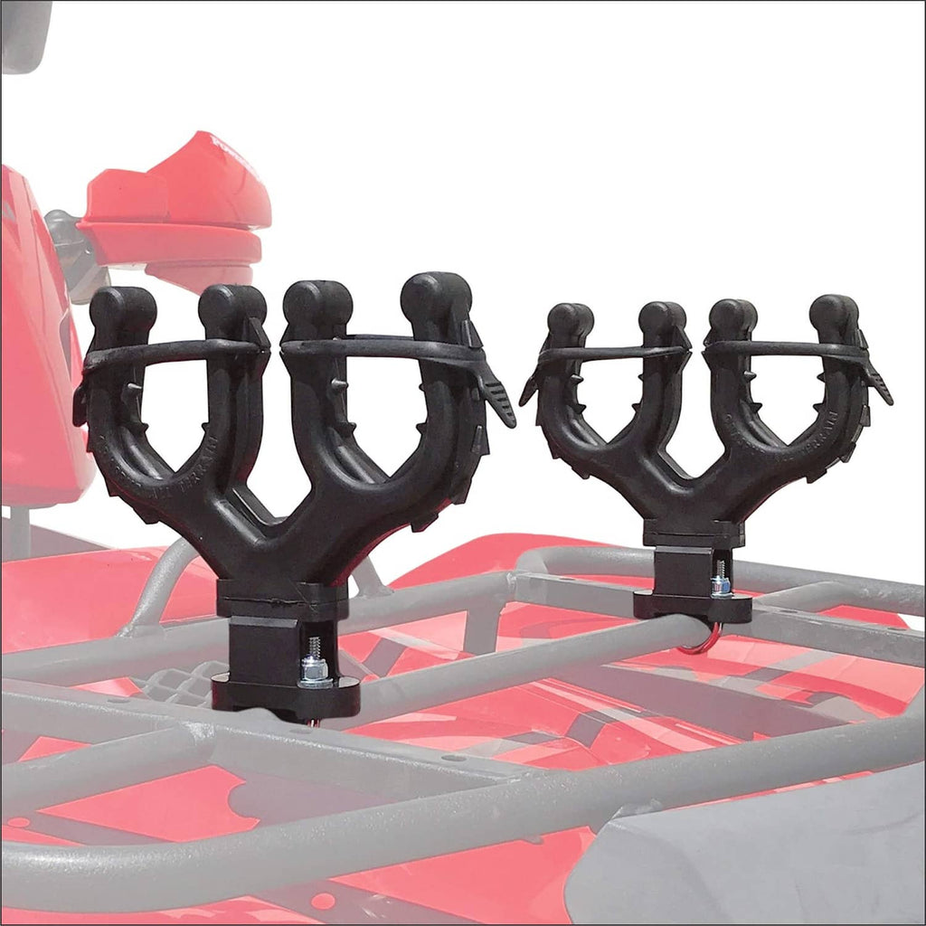 Double gun and bow rack on ATV front rack, two dark U-shaped holders visible.